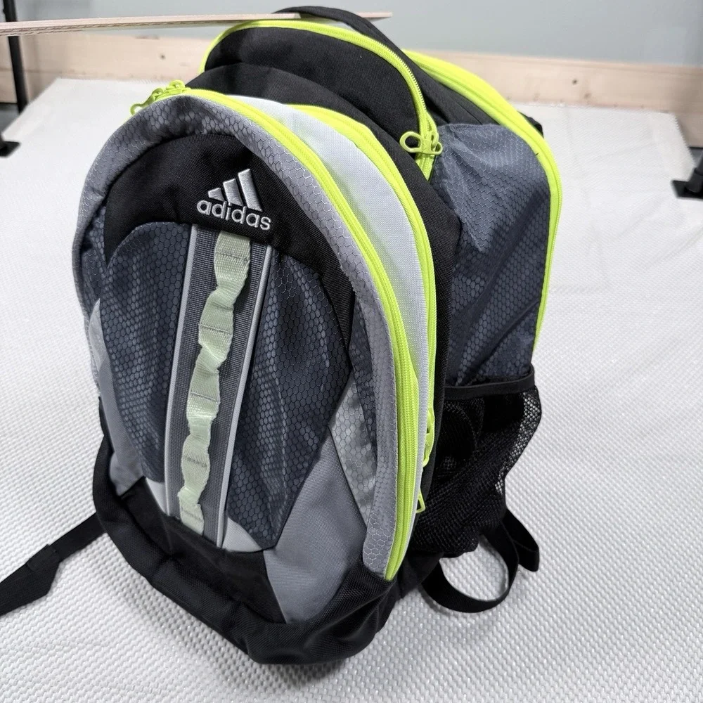 Adidas Loadspring Backpack Black Gray Neon Green Multi Pocket Book Bag